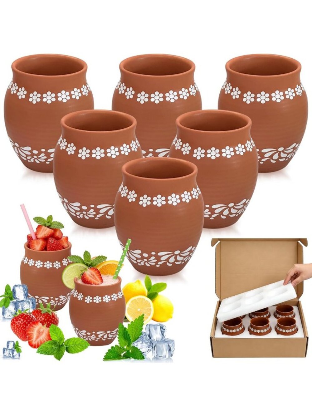 Hand-Painted Brown Ceramic Vases, 6-Pack Small Daisy Decor Pots, 16oz